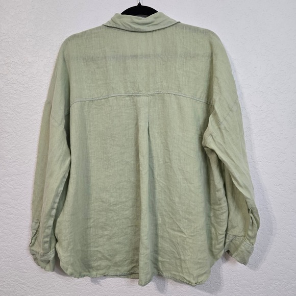 Zara Womens L Sage‎ Green 100% Linen Long Sleeve Button Down Shirt Top - Picture 3 of 5